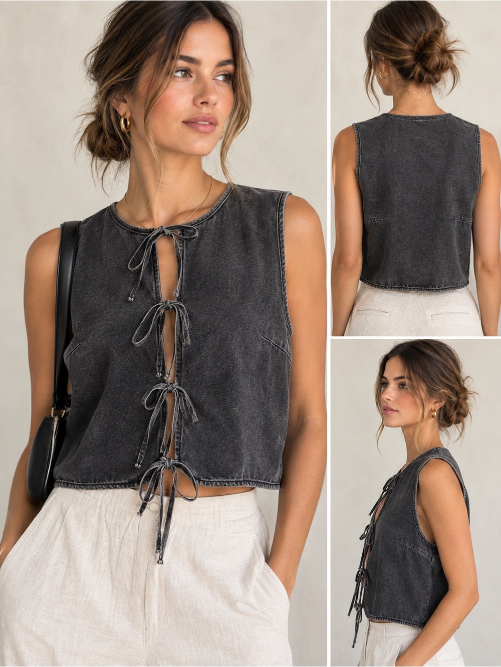 Tie-Front Sleeveless Denim Top - Charcoal